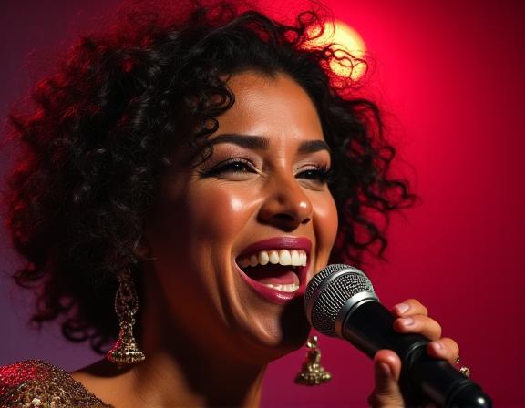 Primer plano de la cantante de Jazz Viajera durante una actuación.