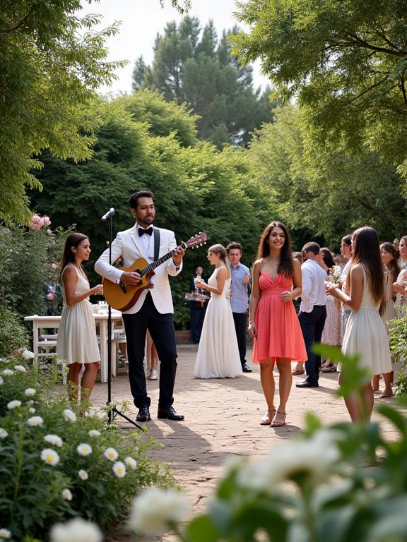 La banda tocando en un jardín durante el cóctel de una boda.