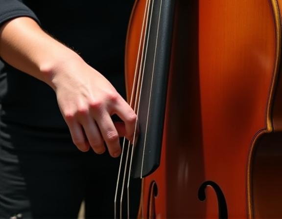 Detalle de las manos del contrabajista tocando su instrumento.