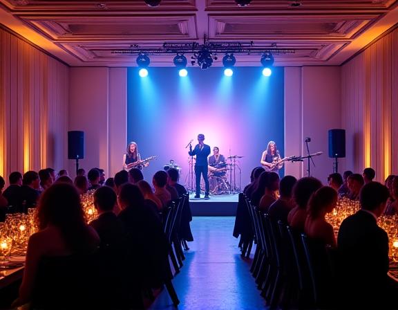 Vista general de un salón de eventos por la noche con la banda en el escenario.
