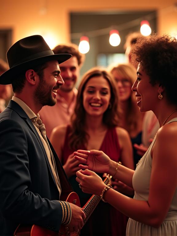 Músico interactuando con los invitados de una fiesta privada.
