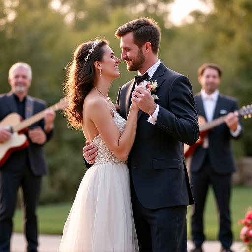 Pareja de novios bailando mientras la banda de jazz toca al fondo.