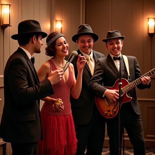 Músicos de jazz con vestuario de los años 20 tocando en una fiesta temática.
